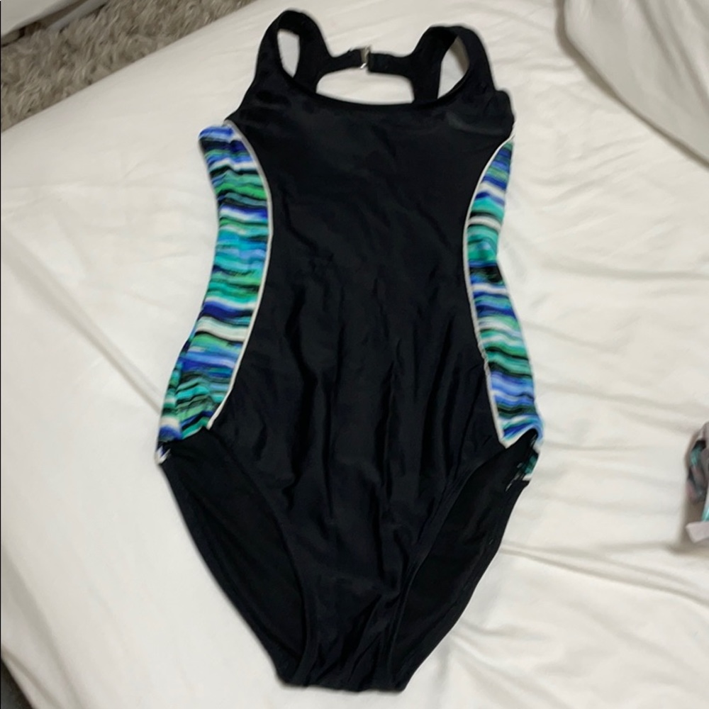 Black Swimsuit with side blue details.Built in pad